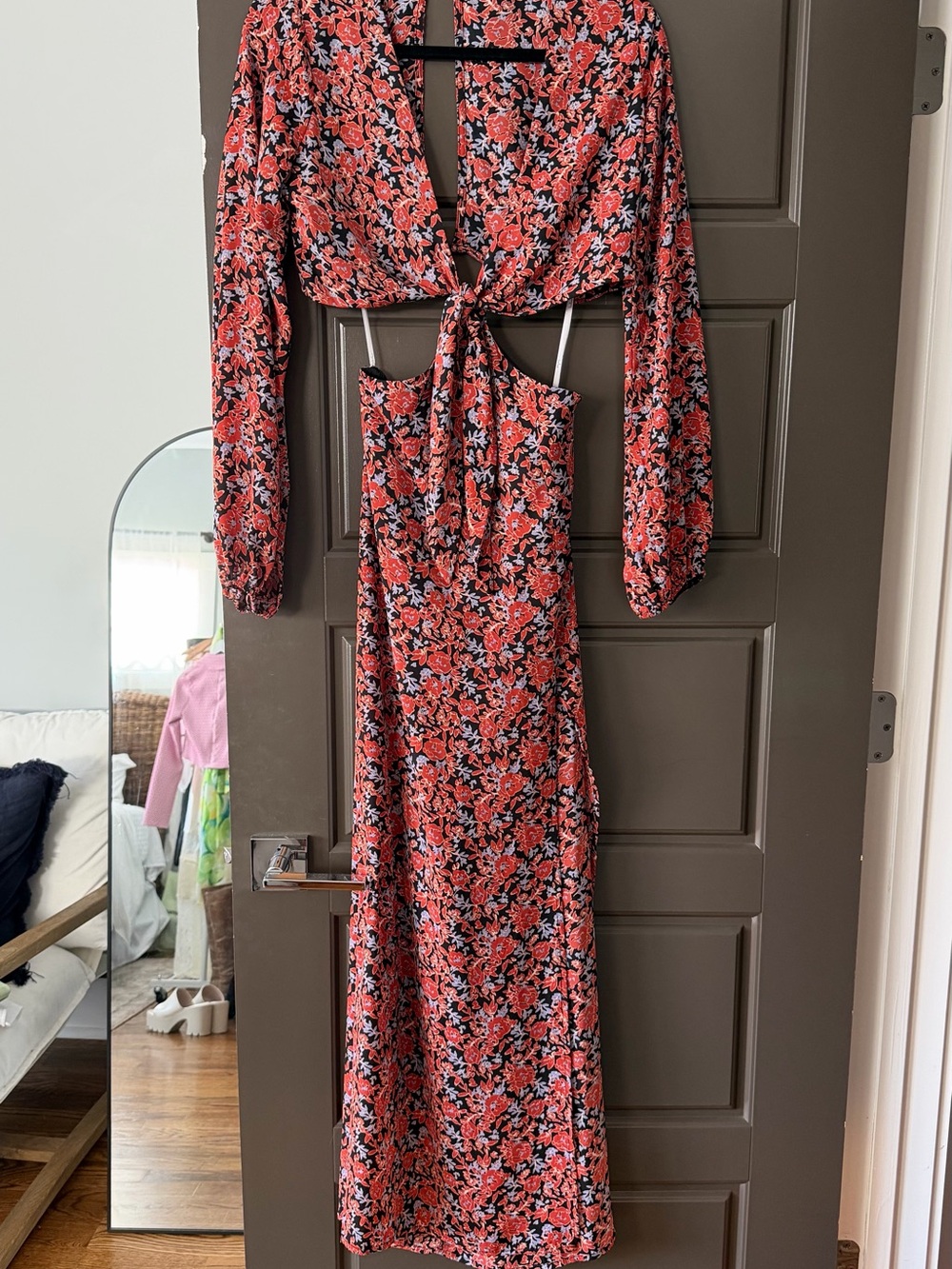 Lulu's Red Floral Tie-Front Maxi Dress